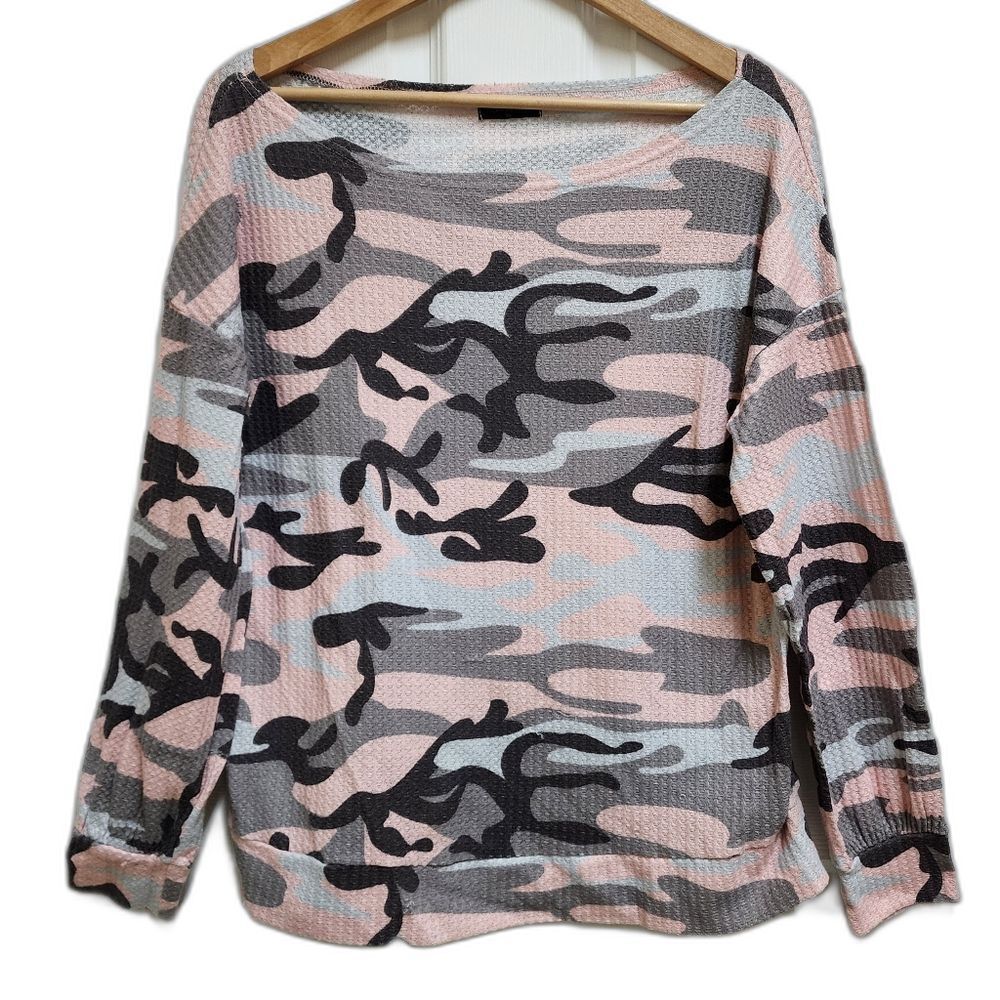 Blooming Jelly Pink Camo Waffle Knit Oversized Boat Neck Sweater Women XL Casual